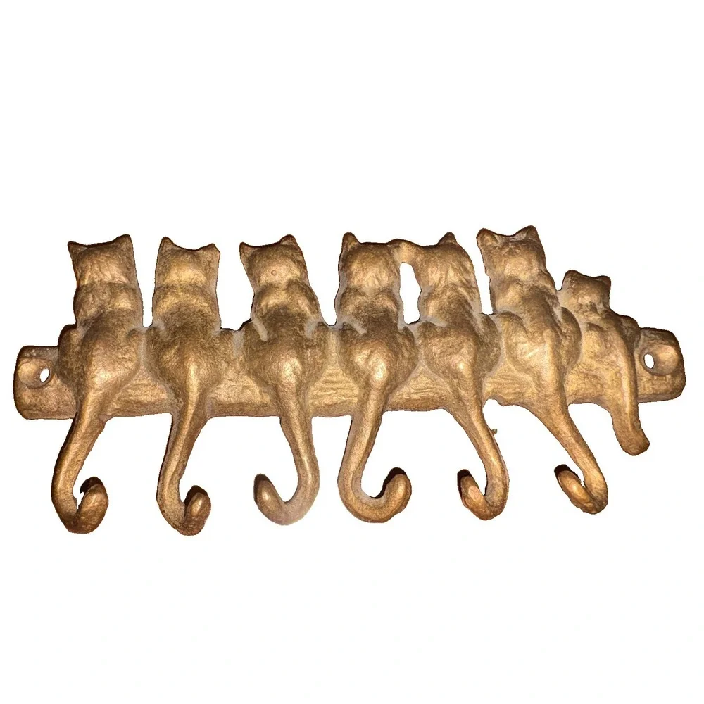 Vintage Antique Style Cast Brass Family Cat Wall Decor Hanging 6 Key Hooks 6.5